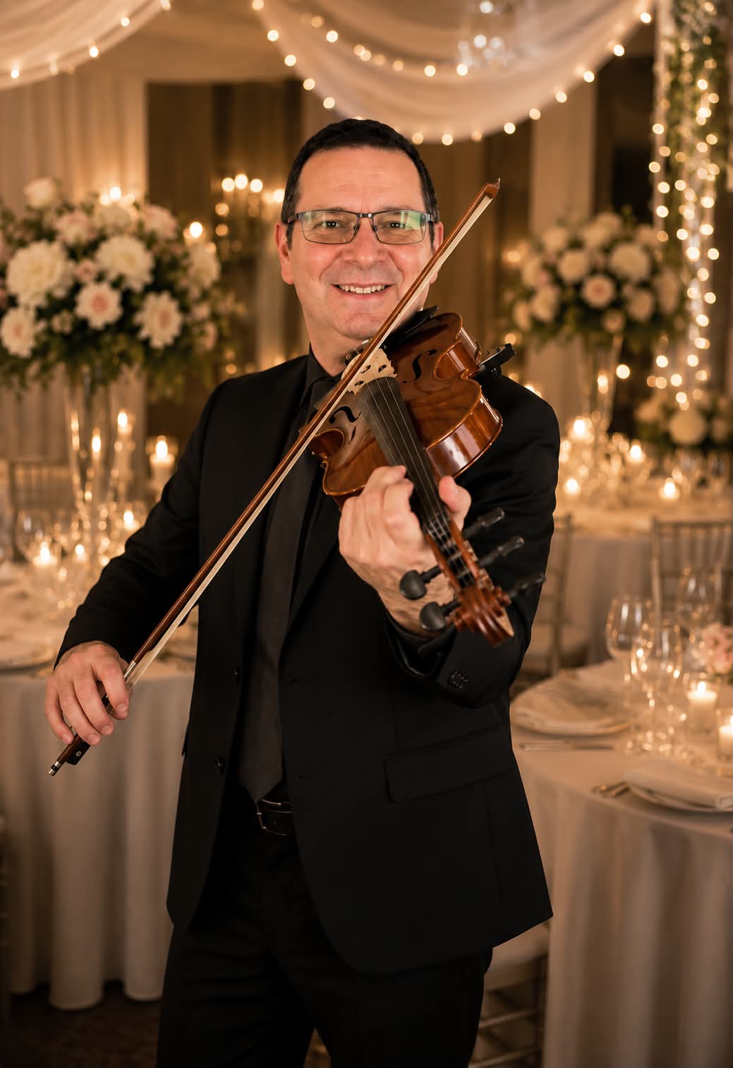 Marc Blouin au violon lors d'un banquet de mariage